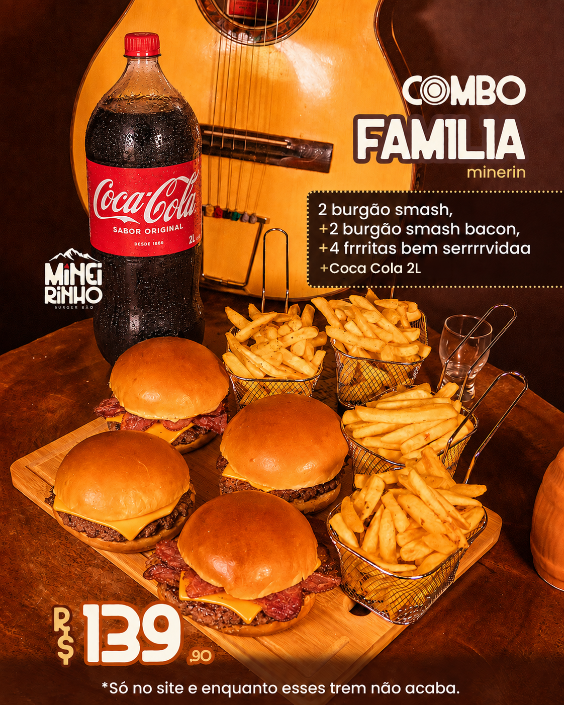 Combo Família: 4 burgões smash + 4 fritas + guaraná 2L por R$139,90